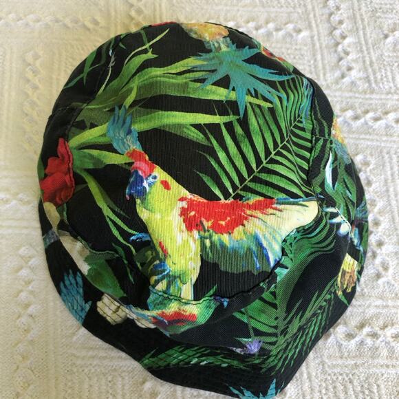 H&M Divided Tropical Parrot Bucket Hat M/58 Black Jungle Floral Brim Streetwear - Picture 2 of 7